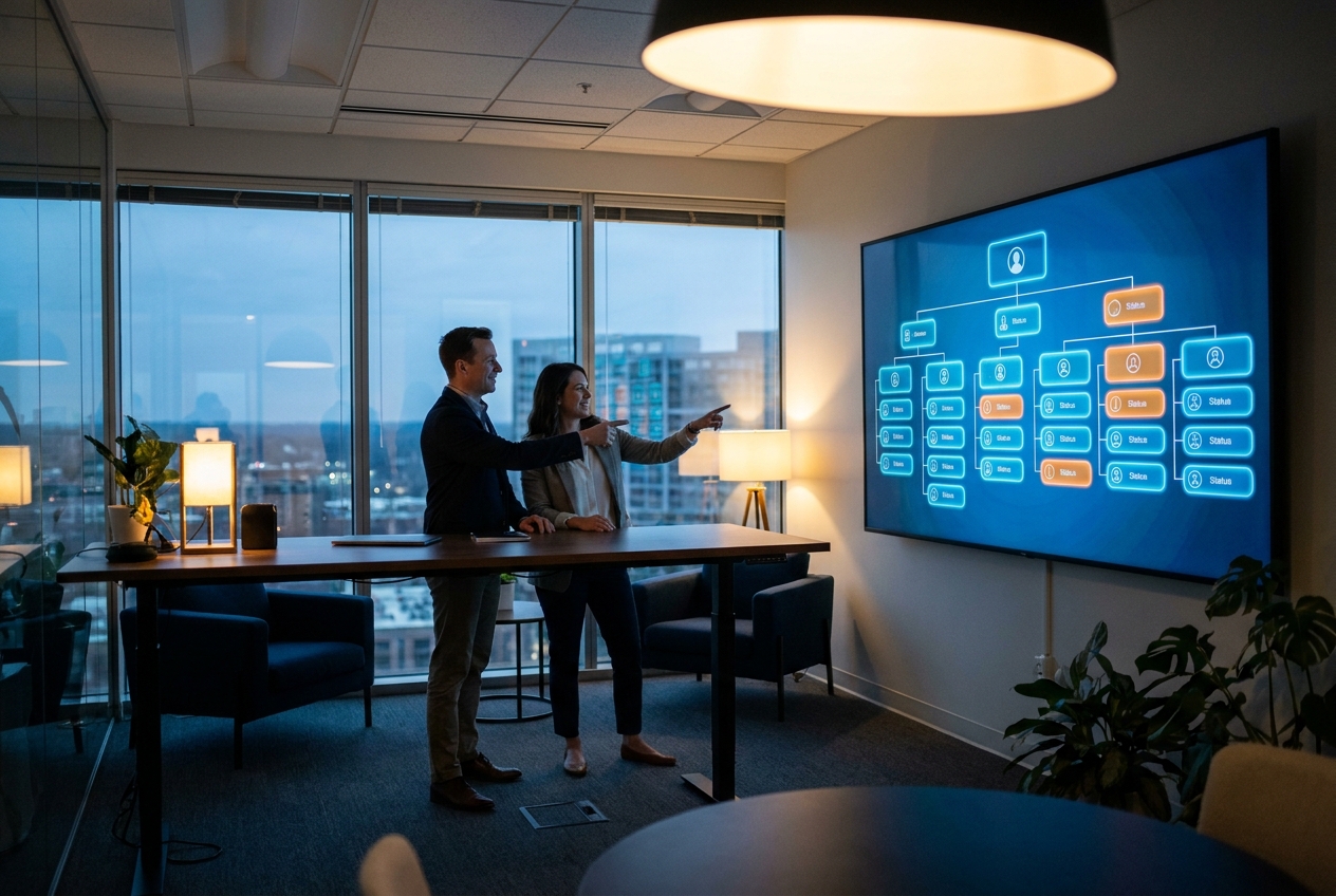 Two founders reviewing an AI workforce org chart of departments and autonomous agents on a wall display