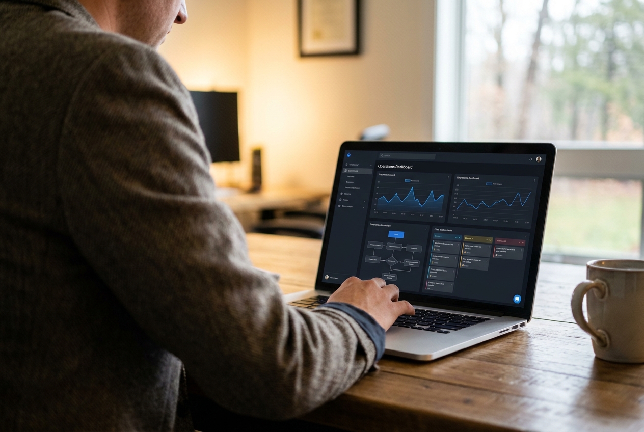 Business owner reviewing an AI workforce operations dashboard on a laptop
