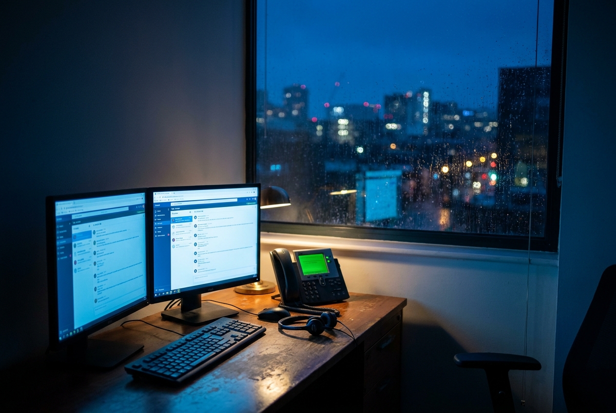 Customer support desk at night with live chat conversations and an active phone console handled by AI employees