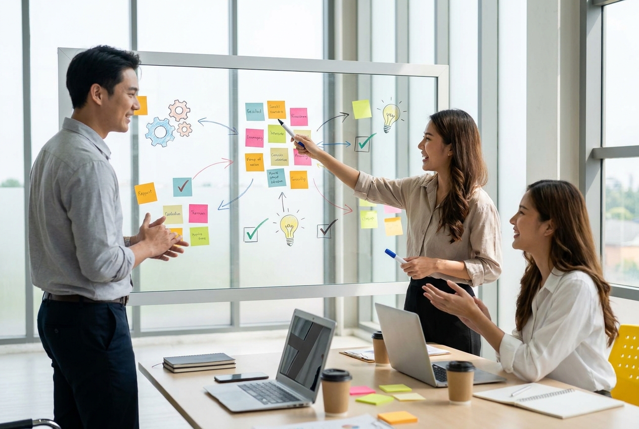 Small business team mapping workflows on a whiteboard while deciding which roles to hand to AI agents